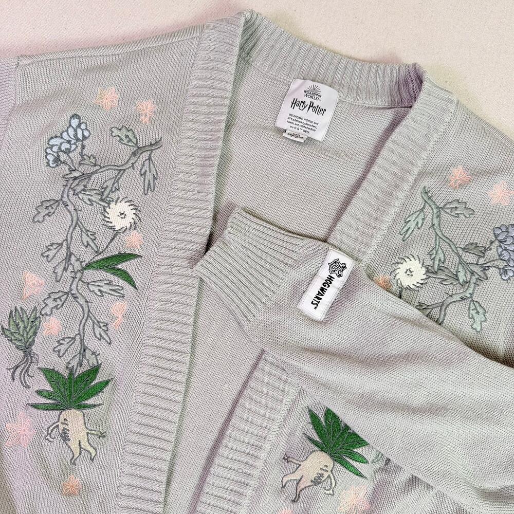 Harry Potter Herbology Cardigan Sweater S/M Gray Embroidered Mandrake Hogwarts
